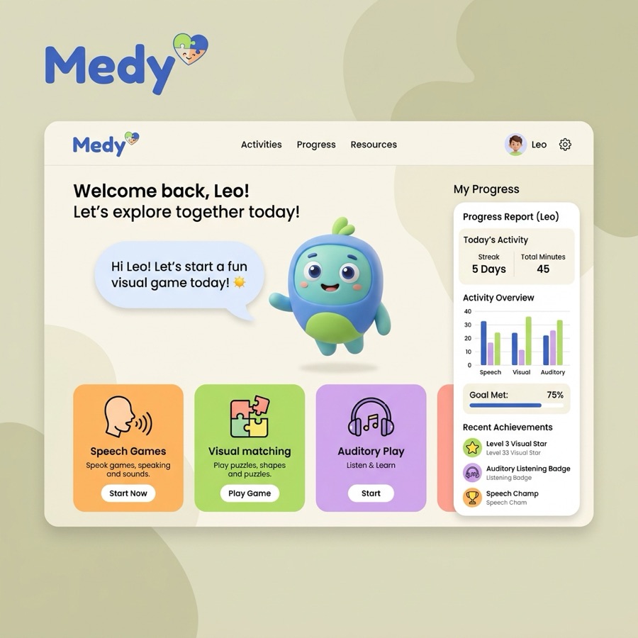 Medy app with a friendly 3D avatar, learning game tiles and a progress report