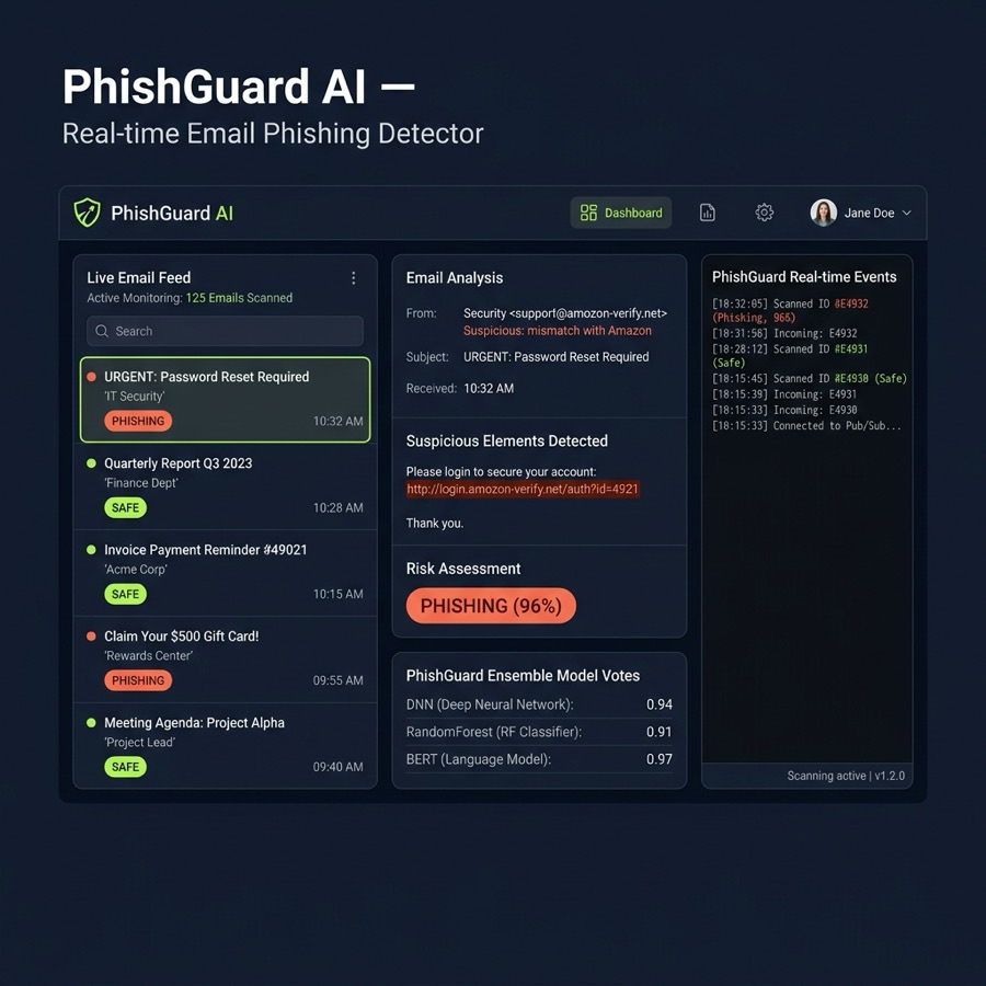 PhishGuard dashboard showing an email feed with phishing risk badges and model votes