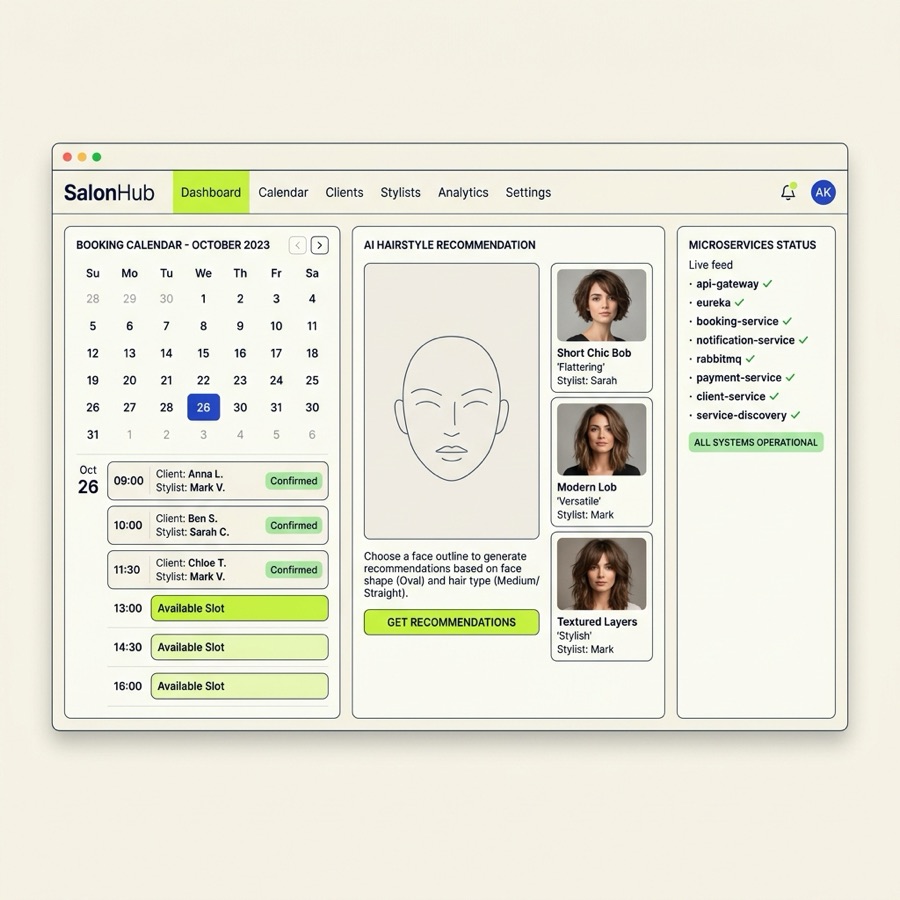 SalonHub interface with a booking calendar, AI hairstyle suggestions and service status