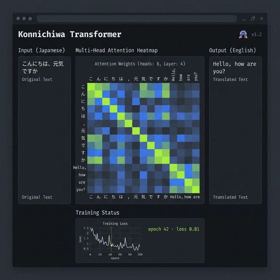 Konnichiwa Transformer interface showing Japanese input, an attention heatmap and English output